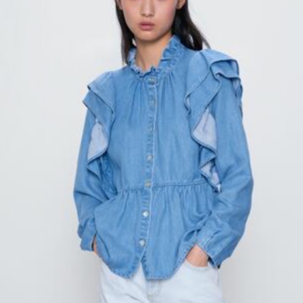 Zara Denim Top With Ruffles Size Small